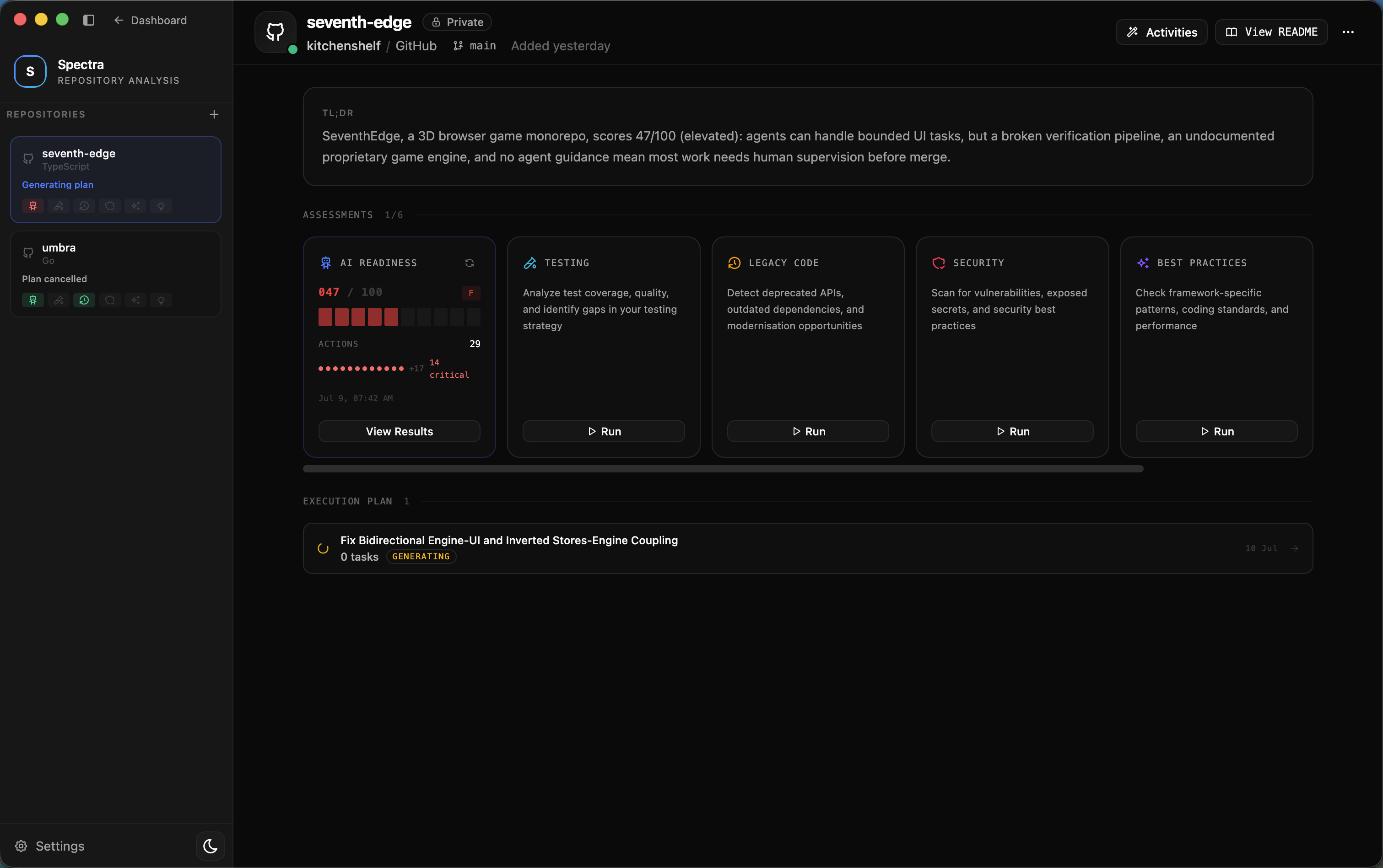 Spectra repository analysis dashboard